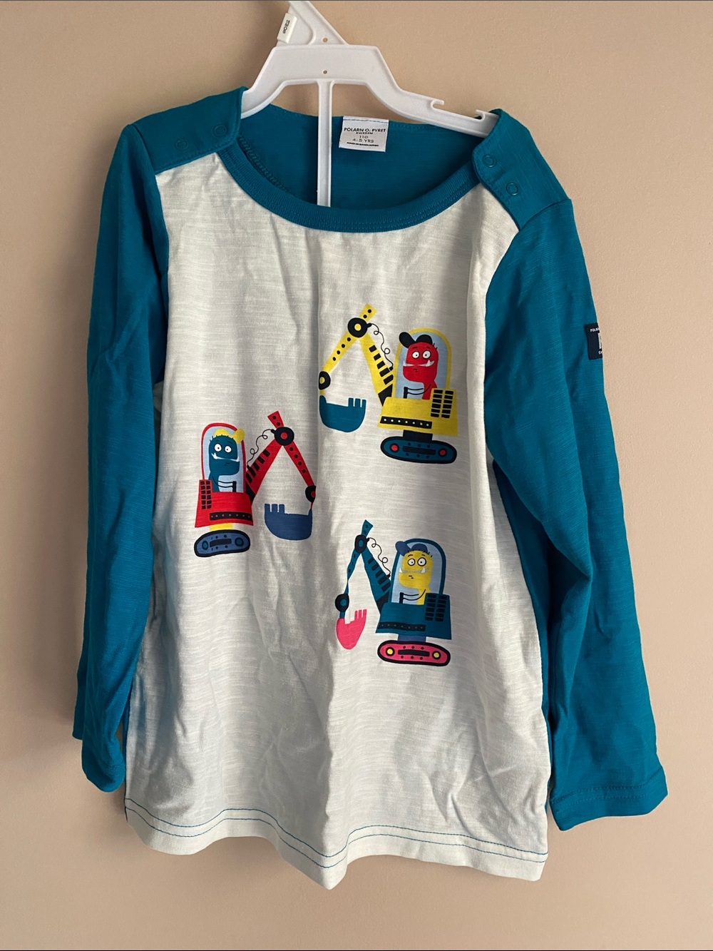 Polarn O. Pyret Teal and White Long-Sleeve Construction Robot Tee